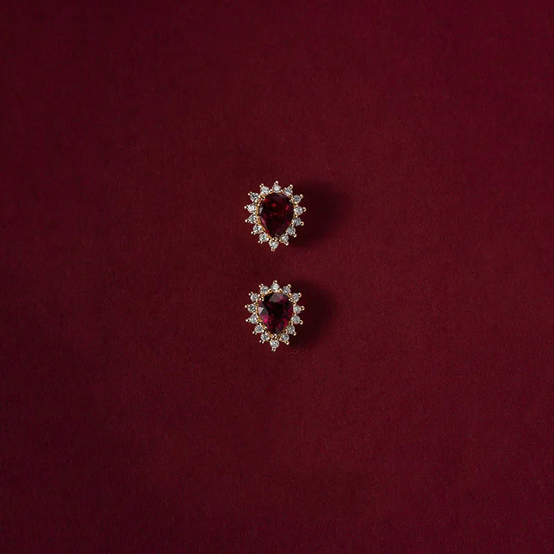 18K Gold Plated Pure 925 Sterling Silver Luxury Ruby Gemstone Red Zircon Stud Earrings for Women Girls
