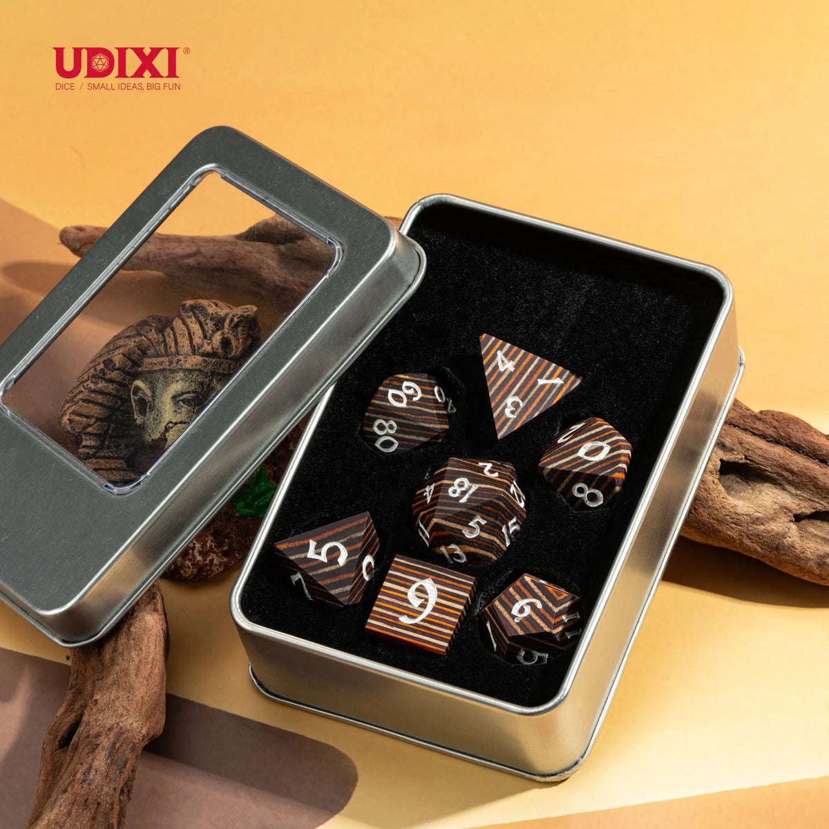For Udixi 7-PC Polyhedral Wooden RPG Dungeons and Dragons Dice Set Cube Striped Wood for RPG and D&D Games