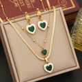 New Non Tarnish Double Layer 18k Gold Plated Stainless Steel Heart Emerald Zircon Necklace Jewelry Set for Women