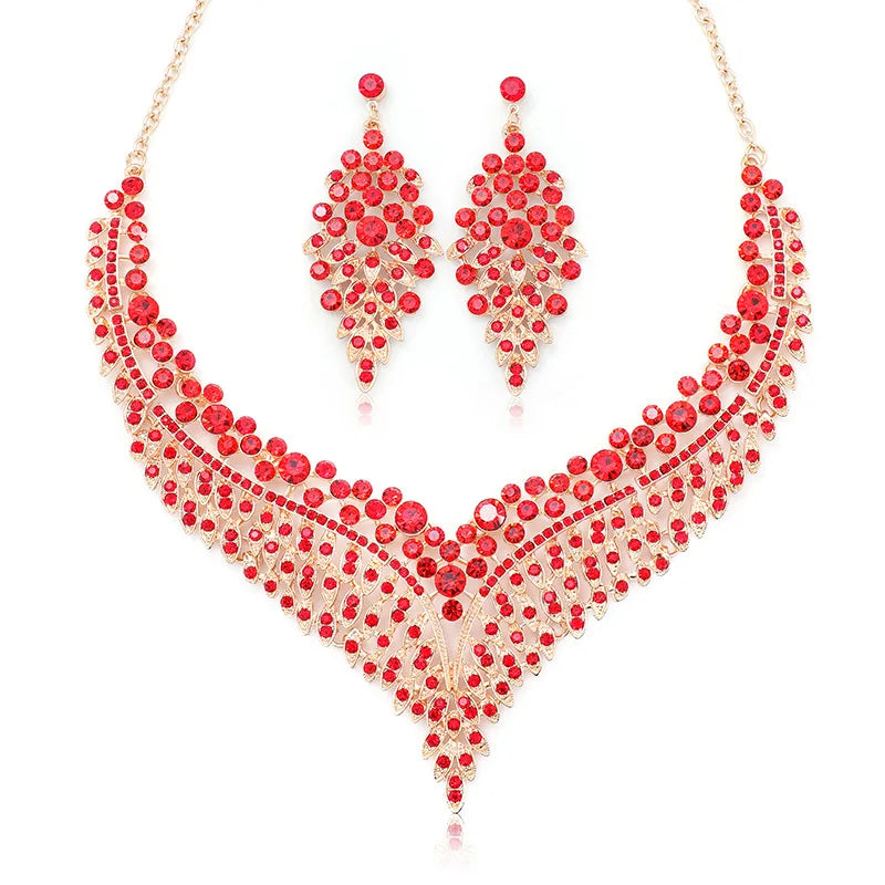 Hot Selling Women Crystal Rhinestones Diamond Jewelry Sets Leaf Shape Short Necklace Small Earrings