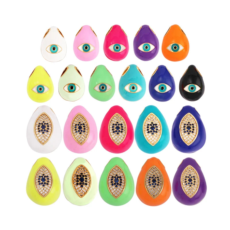 Evil Eye Teardrop Side Hole Enamel Charm Neon Pink Orange Turquoise Blue Oil DroppedGold Plated Necklace Bracelet Pendant M10