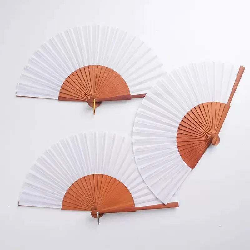 FAREA 23CM  White Red Blue Hand HeldFan Fabric Folding Fans Wooden Wedding Craft Fan Polyester Iron Wooden Fans