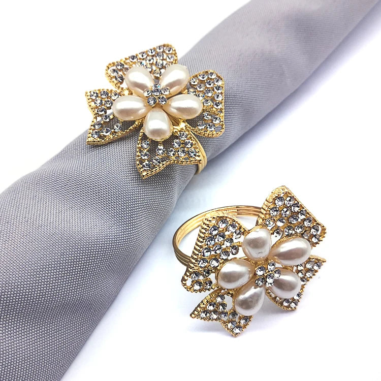 Crystal Rhinestone Butterfly Napkin Ring Ivory Pearl Flower Metal Holder for Wedding Party Table Decor Wedding Gift Party Supply