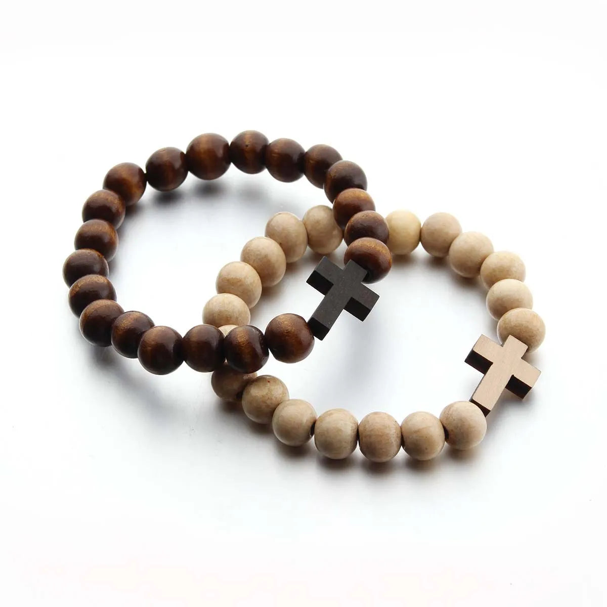 10mm Brown Wood Christian Geometric Beaded Bracelet with Cross Charm Silver Plated for Anniversary