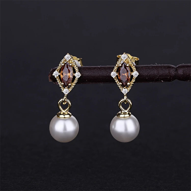 Vintage Design Gold Plated Sterling Silver Women Pearl Drop Earrings