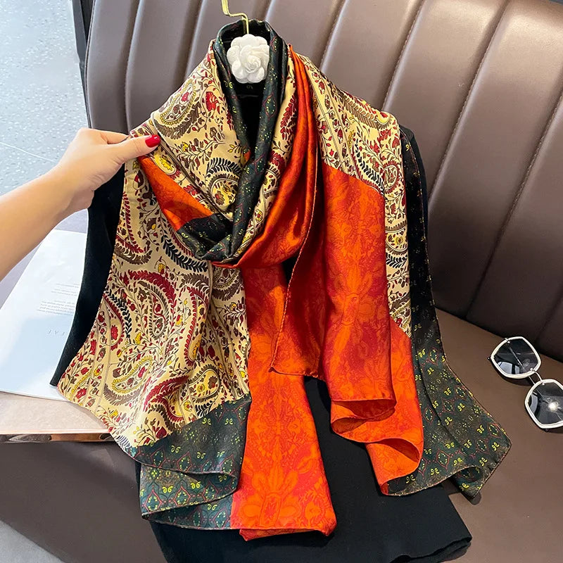 2023 New Retro Red Color Flower Print Silk Head Scarf Shawl Women Long Large 180*90CM Silk Scarves Stoles Muslim Large Hijabs