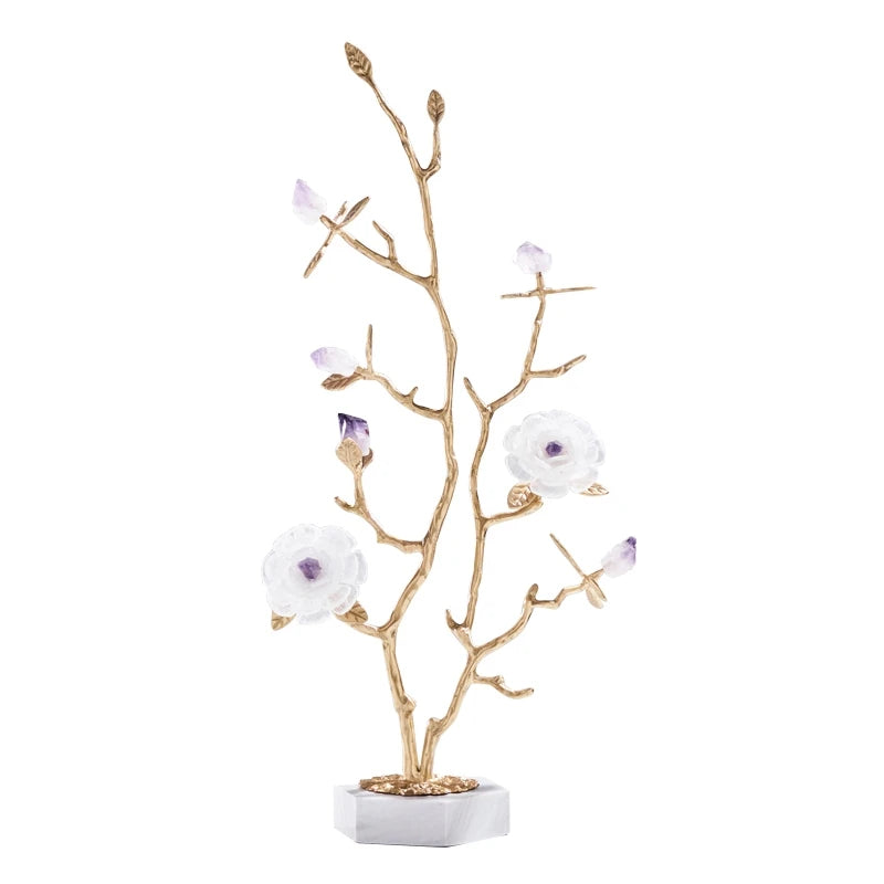 Marble Brass with Twigs Fortune Tree Ornaments Natural Crystal Flower Hotel Living Room Copper Tree Decoration