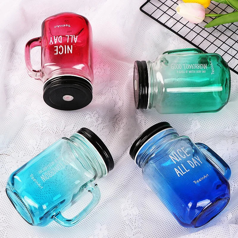 Gradient Color Custom Logo Crystal Drinking Juice Glass Mason Jar Tumbler Mug with Lid Straw Contemporary Back School Wholesale