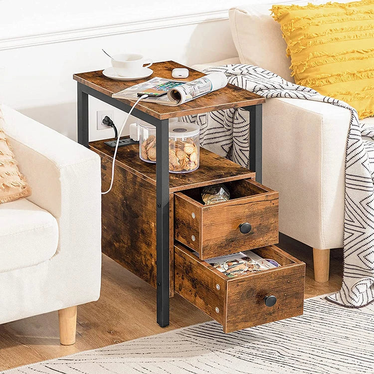 Furtinure Modern Metal Wooden Side Coffee Table with USB Charger Living Room Home Furniture