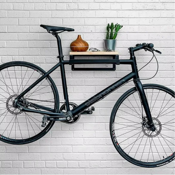 Hot Sell Home Garage Bike Storage Metal Double Tier Wall Mount Rack with Stainless Steel and Wooden Shelves