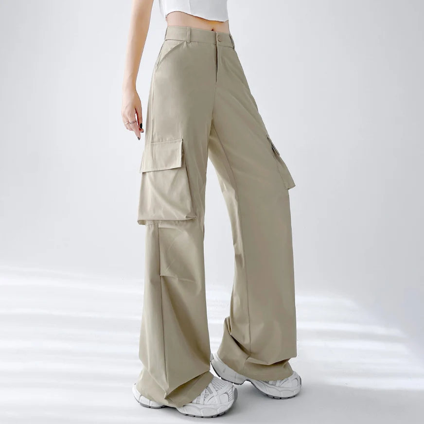 Micro Placket Workwear Wide Leg Pants for Women in Summer Thin Design Casual High Waisted Slimming Straight Leg Pants