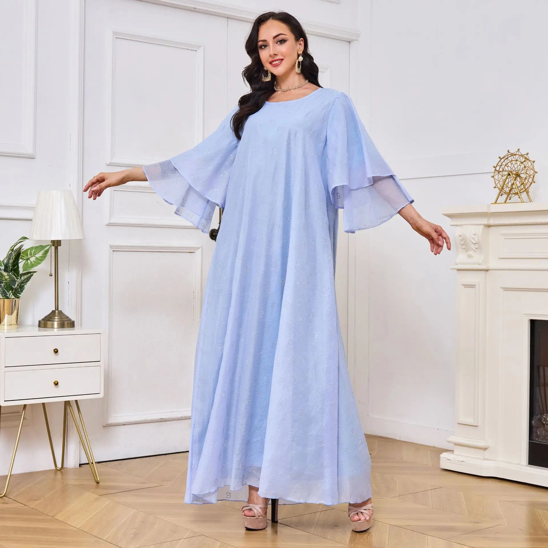 Nida's Beautiful Graceful Light Blue Embellished Abaya Popular Bale Ouverte Muslim Women's Fashion Dress Traditional Clothing