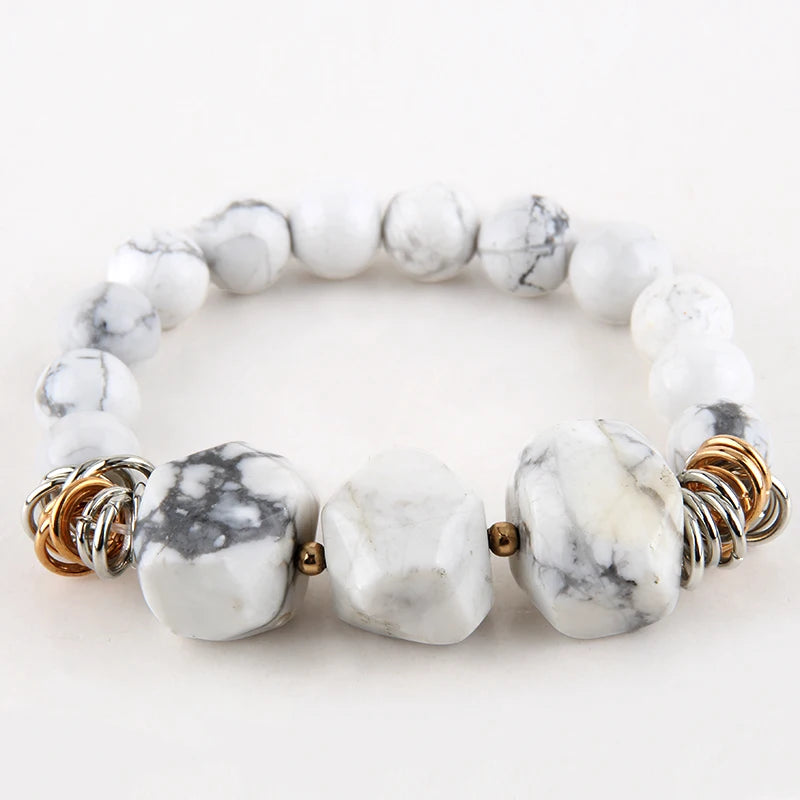 10mm Beautiful Women Natural White Howlite Pink Grey Amazonite Elastic Bracelet Stretch 3 Big Punk Stone Bead Bracelet