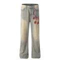 Men's Vintage Embroidered Jeans High Street Straight Wide Leg Street Style Stacked  Designer Stone Washed Jeans for Men