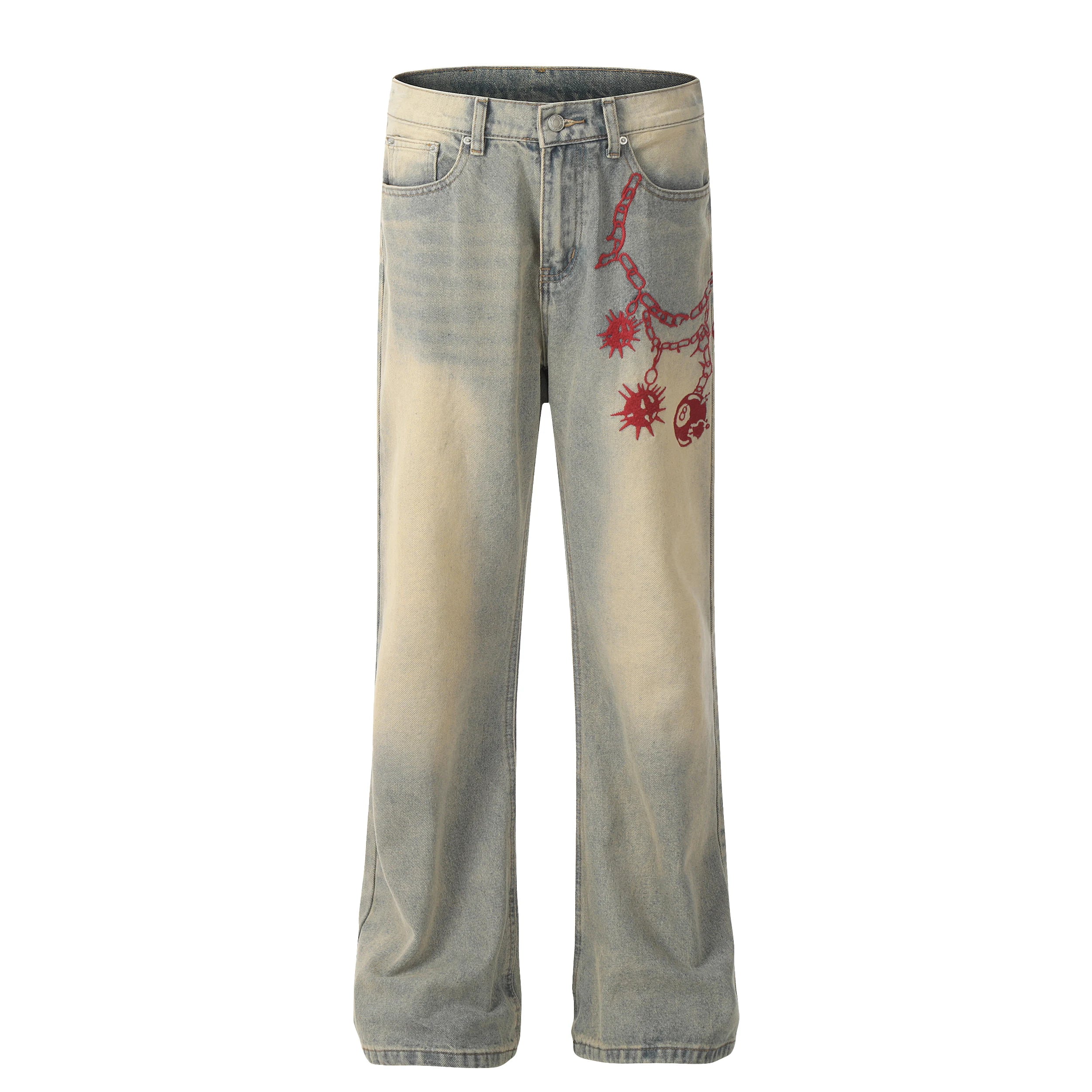 Men's Vintage Embroidered Jeans High Street Straight Wide Leg Street Style Stacked  Designer Stone Washed Jeans for Men