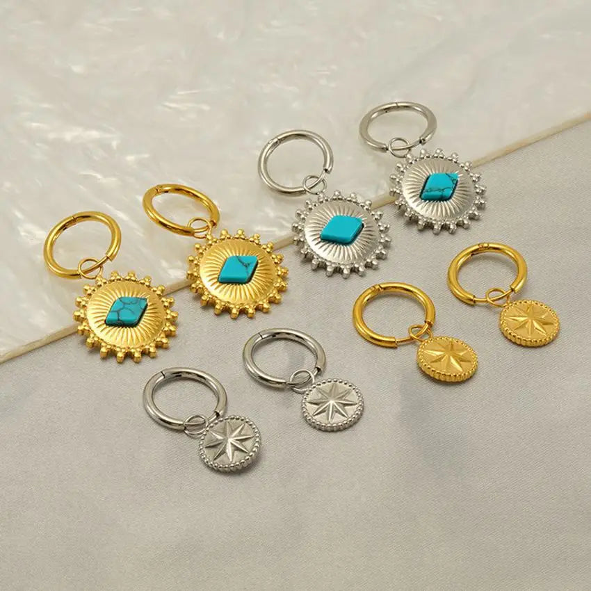 Customizable Vintage Bohemia Earrings 18K Gold Plated 316L Stainless Steel Turquoise Pendant Drop Earrings for Women Girls Gift