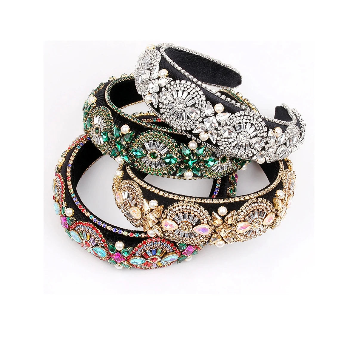 Fashion Luxury Baroque Retro Flannelette Crystal Headbands Wide Edge Colorful Rhinestone Hair Hoops for Women Lady Headdress