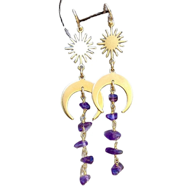 Healing Stone Sun Moon Gemstone Tassel Earring Raw Stone Earring