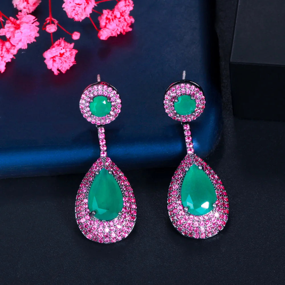 Elegant Red Green Cubic Zirconia Paved Engagement Party Dangle Water Drop Earrings for Women Jewelry
