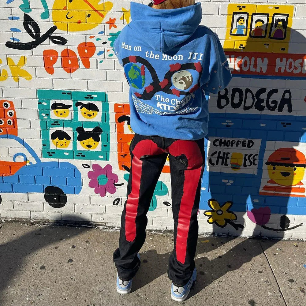 Low Rise Baggy Jeans Women Streetwear Cyber Goth Cargo Pants Fall Streetwear Color Block Graphic Denim Trousers