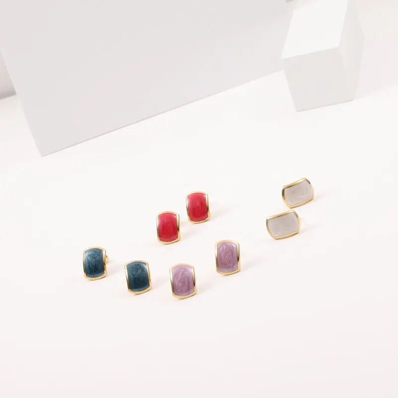 Trendy Earring 18K Gold Plated Rectangle Red Green Enamel Stud Earrings Wholesale Stainless Steel for Women