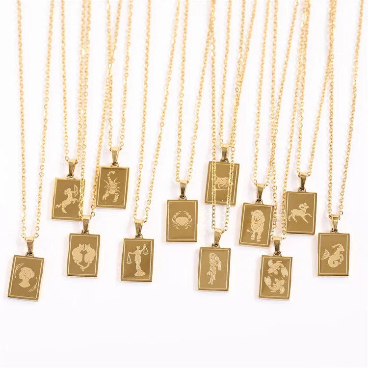 Fashion Custom Rectangular Pendant Stainless Steel 18K Gold Plated Zodiac Necklace