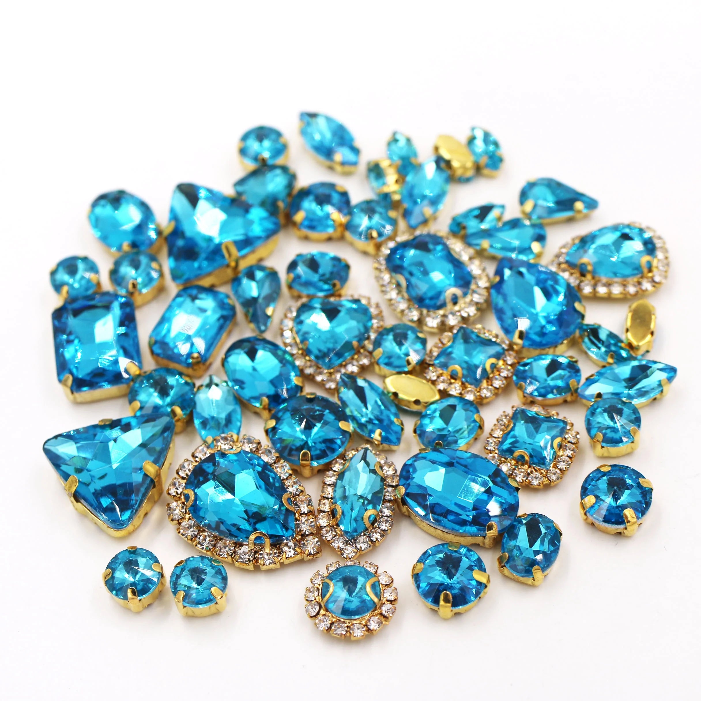 HFour 3D Lake Blue Mixed 8-Shaped Crystal Glass Flatback Rhinestones with Gold Cup Chain Sew-On 12 Facets Loose Rhinestones