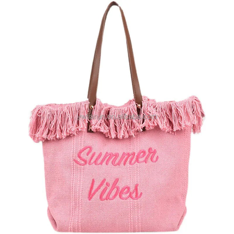 Custom Logo Oversize Large Capacity Embroidered Pink Beach Tote Bag Travel Canvas Shoulder Leather Strap Lady Bag for Women