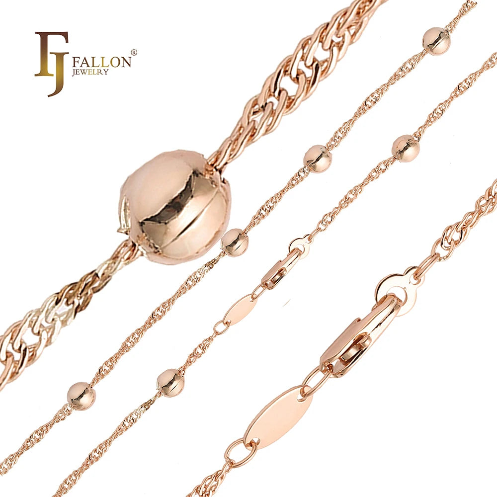 3.7mm+ FJ Fallon Fashion Jewelry Round Beads Singapore Link Chain Plated in Rose Gold Brass Based Split