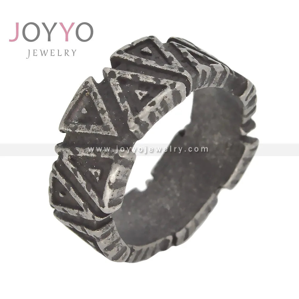 Matte Scrub Grey&Black Retro Triangle Viking Logo Band Ring Stainless Steel Celtic Men Viking Rings