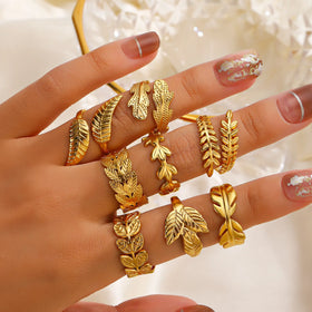 Hot Selling Stainless Steel Leaf Finger Ring Opening Adjustable Chunky 18K Gold Plated Titanium Steel Leaf Ring