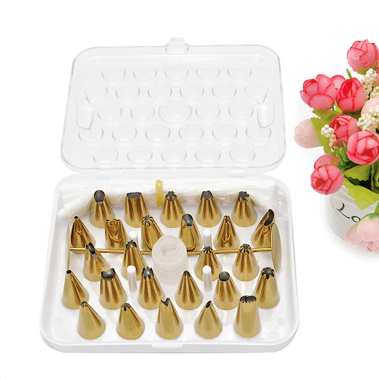 26pcs Rose Gold Stainless Steel Kitchen Accessories Cake Decoration Icing Tip Piping Nozzle with DIY Pastry Bag Storage Box
