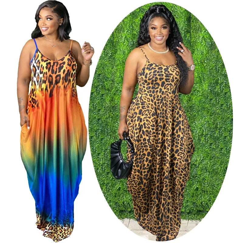 Casual Leopard Maxi Dresses Rainbow Tie Dye Sundress Colorful Hawaiian Beach Outfits Floral Long Skirt Plus Size Clothing