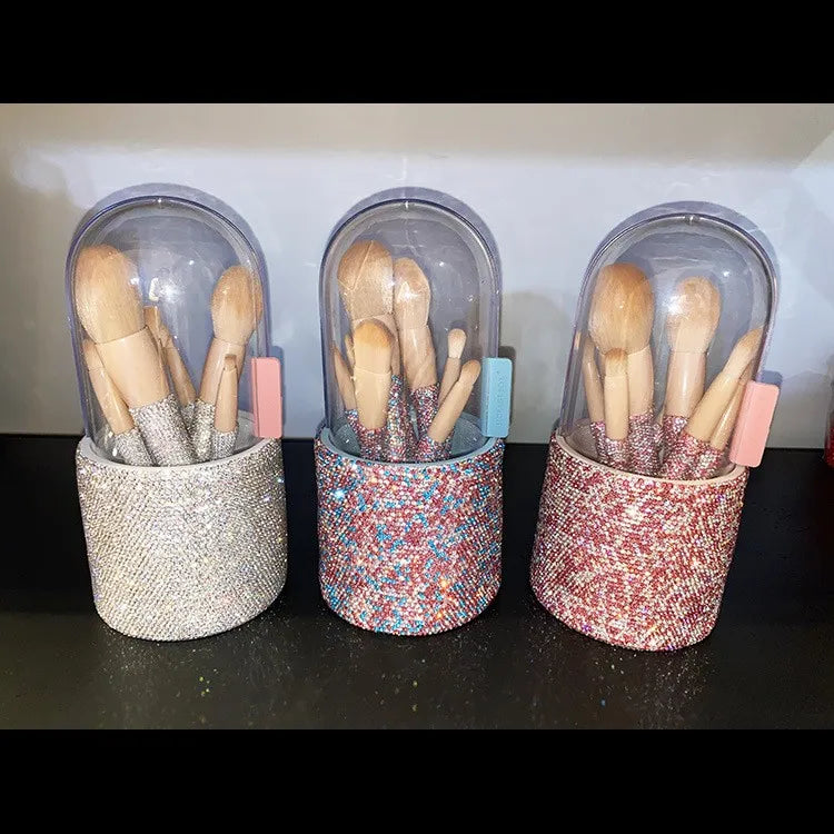 Professional 8-Piece Diamond-Encrusted Makeup Brush Set with Rhinestone Eyeliner Concealer Eyebrow Pencil & Face Tools Bucket