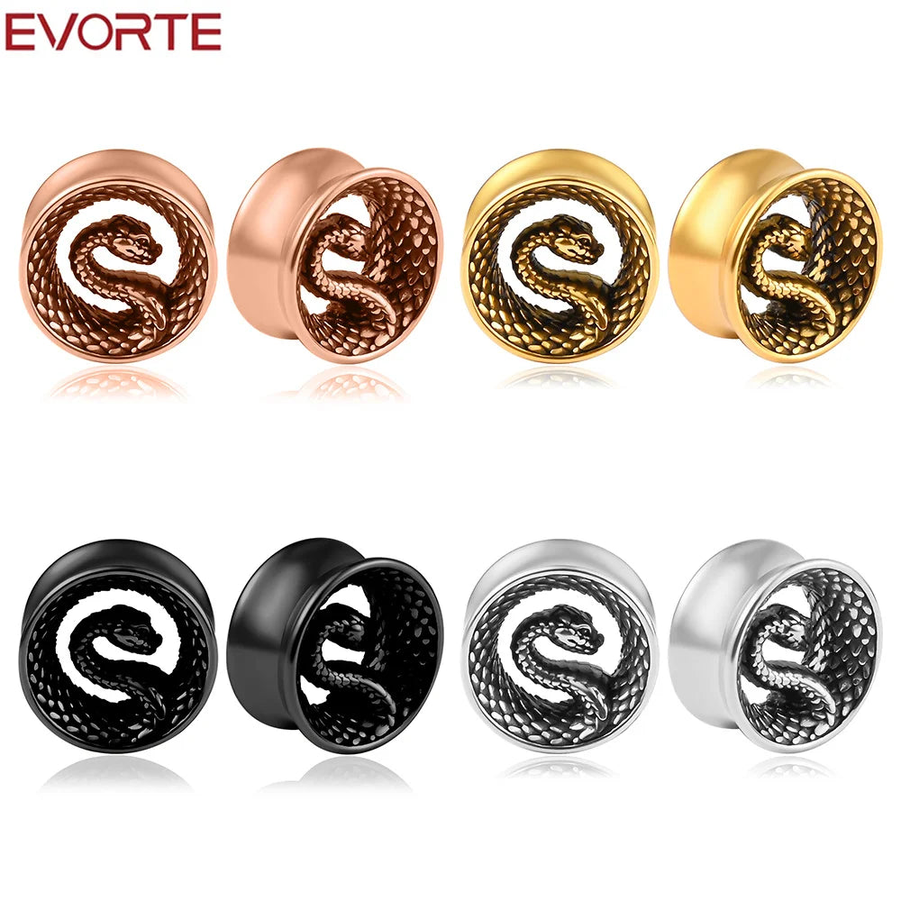 Evorte 10PCS Gold Ear Gauges Cool Snake Ear Plugs Tunnels Stainless Steel Hypoallergenic Wedding Earrings Expander Body Piercing