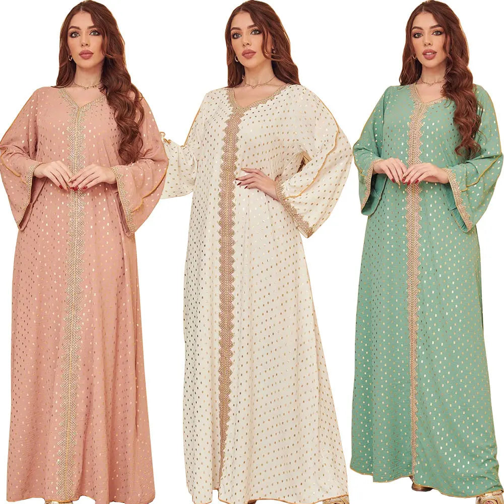 New Gold Stamping Printing Women Luxury Abaya Middle East Lace Embroidery Arabian Dress Muslim Robe Maxi