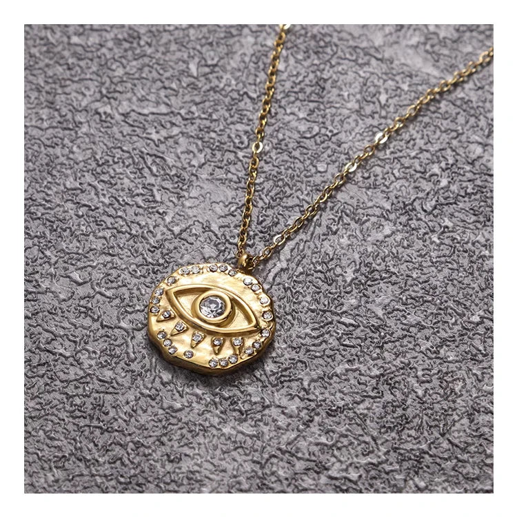 Chris April Low MOQ 316L Stainless Steel PVD Gold Plating Bumpy Texture Zircon Eye Coin Pendent Necklace
