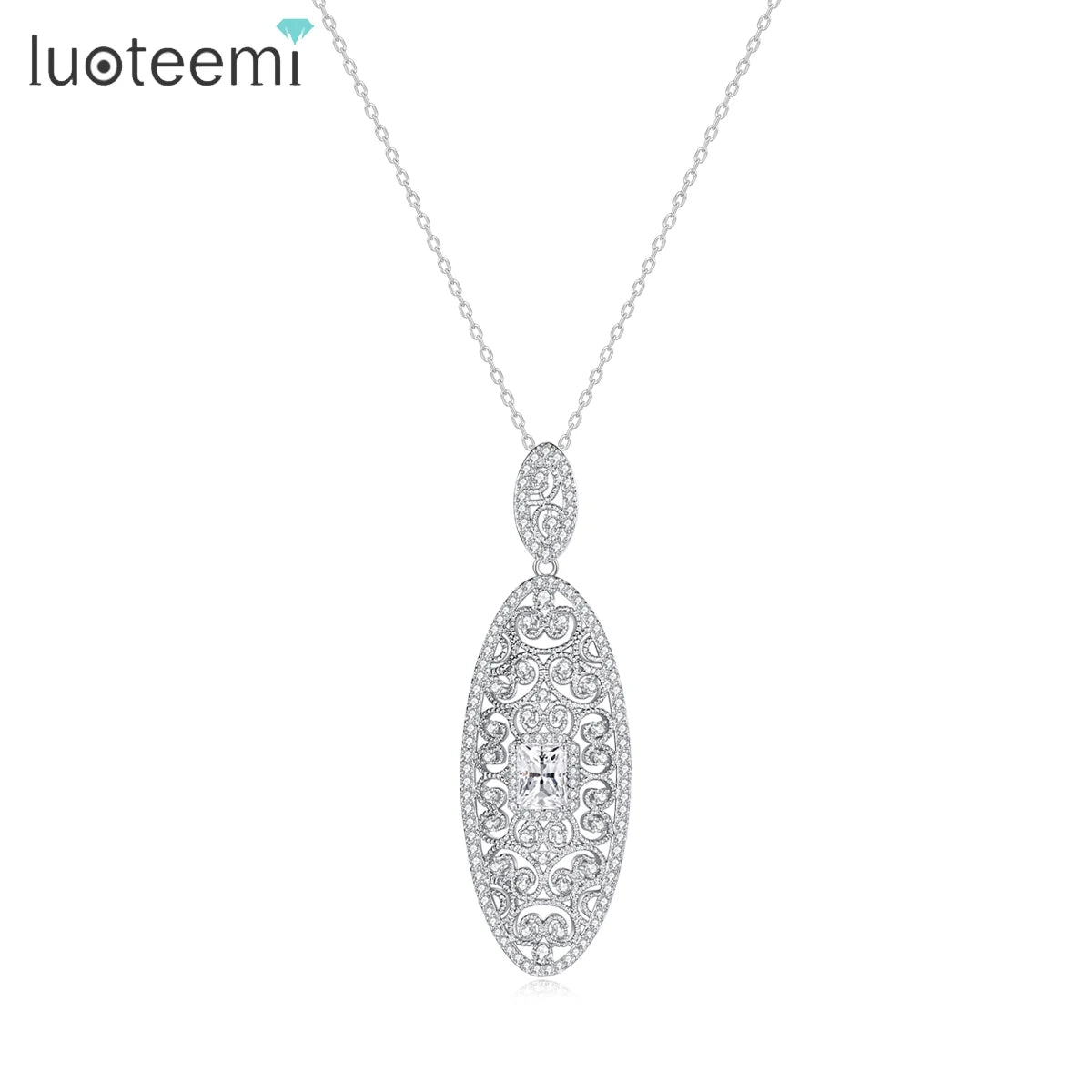 LUOTEEMI Europe Retro Design Hollow Out Oval Shape a AA Cubic Zirconia White Gold Pendant Necklace for Women Fashion Jewelry