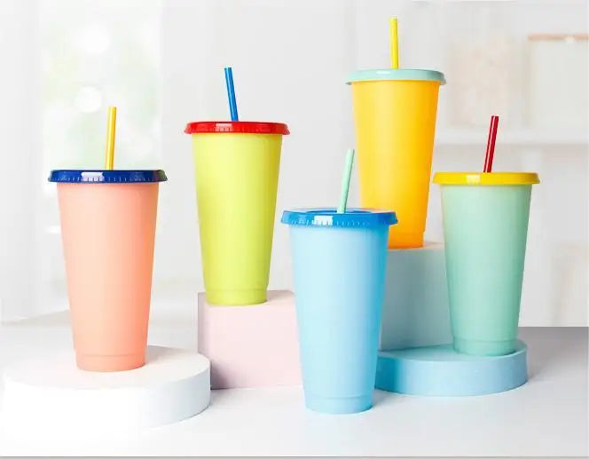 Hot Sale Reusable Plastic Coffee Water Color Changing With Lid and Straw Temperature-Sensing 710Ml Cold Cup