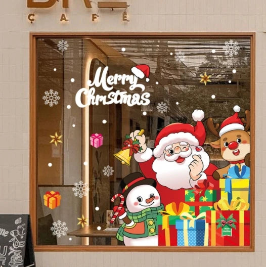 Merry Christmas Snowflake Santa Non-Adhesive Static Stickers Christmas Store Glass Sliding Door Decoration Stickers