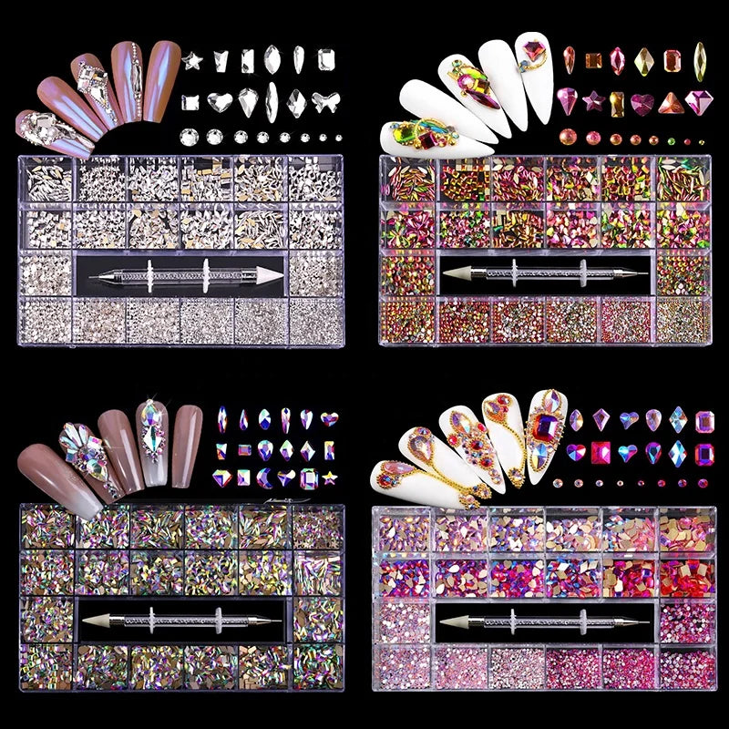 Crystal AB White Rainbow Nail Art Mix Shape Fancy Shaped in Box Flat Bottom Glass Nail Rhinestone Art Decoration Rhinestones