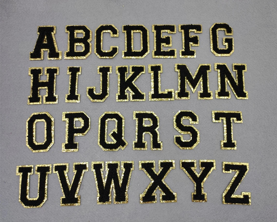 Ventralex Black Patch with Gold Sequins 6cm A-Z Chenille Letter Patches Embroidered Iron-on Sticker for Bags Hats Garments