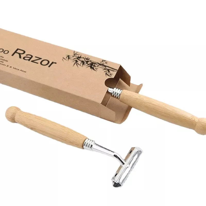 Premium Quality Private Label Facial Hair Beard Bamboo Wood Handle Stainless Steel Shaving Safety Razors with 3 Blades for Men