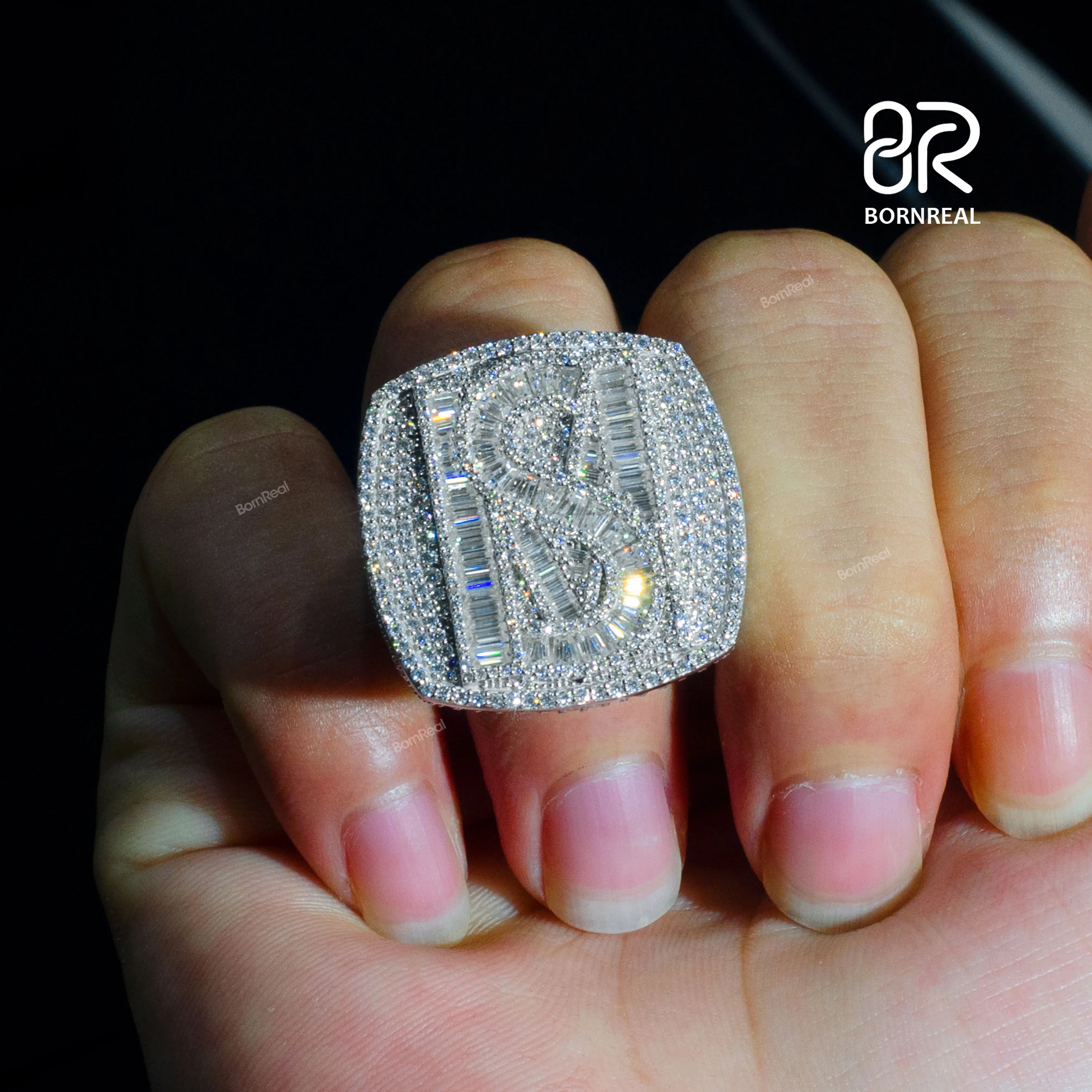 Custom Logo Letter VVS Baguette Moissanite Hip Hop Ring Karat 925 Sterling Silver White Gold Iced Out Fine Jewelry