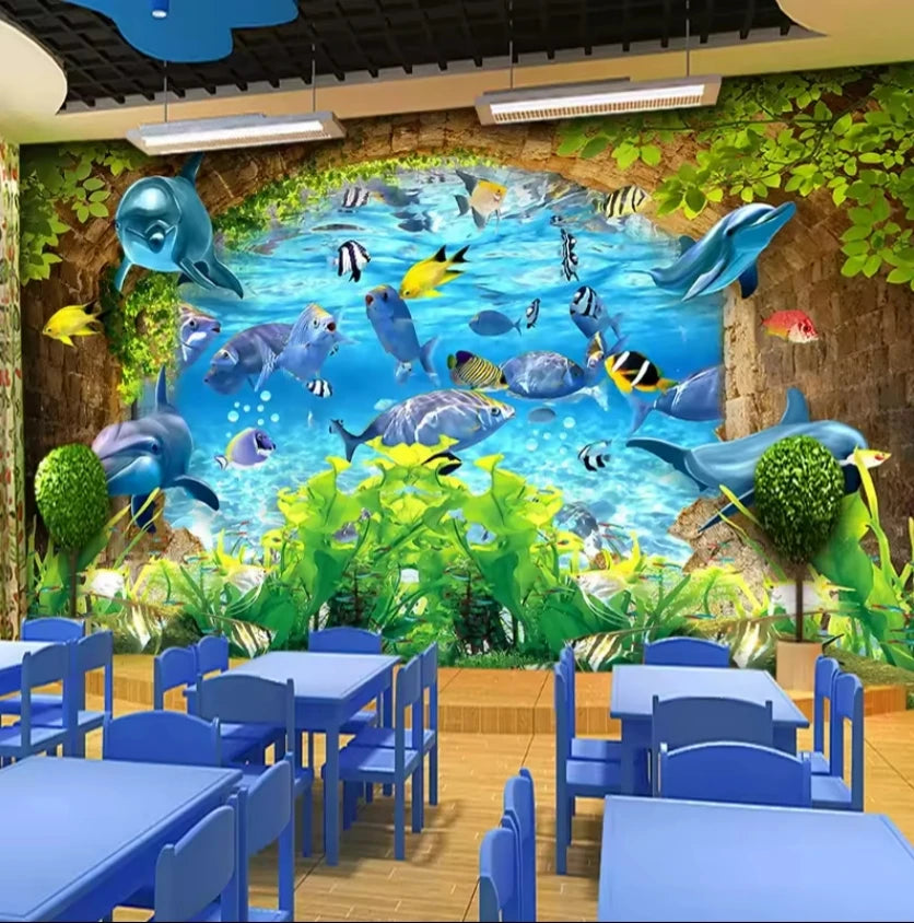 Modern 3D Wallpaper for Kids Bedroom and Living Room Waterproof Modern Underwater World with Dolphins Cartoon Wall Painting