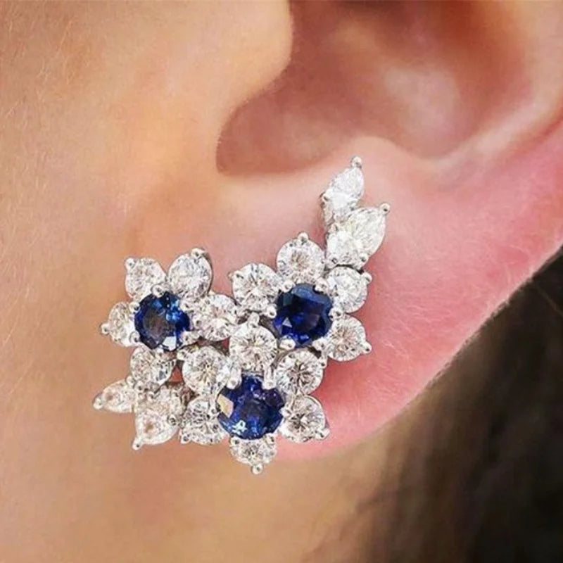 CAOSHI Silver Plated Ear Climbers Sparkling Zircon Blue Gemstone Flower Stud Earrings Wedding Jewelry for Women
