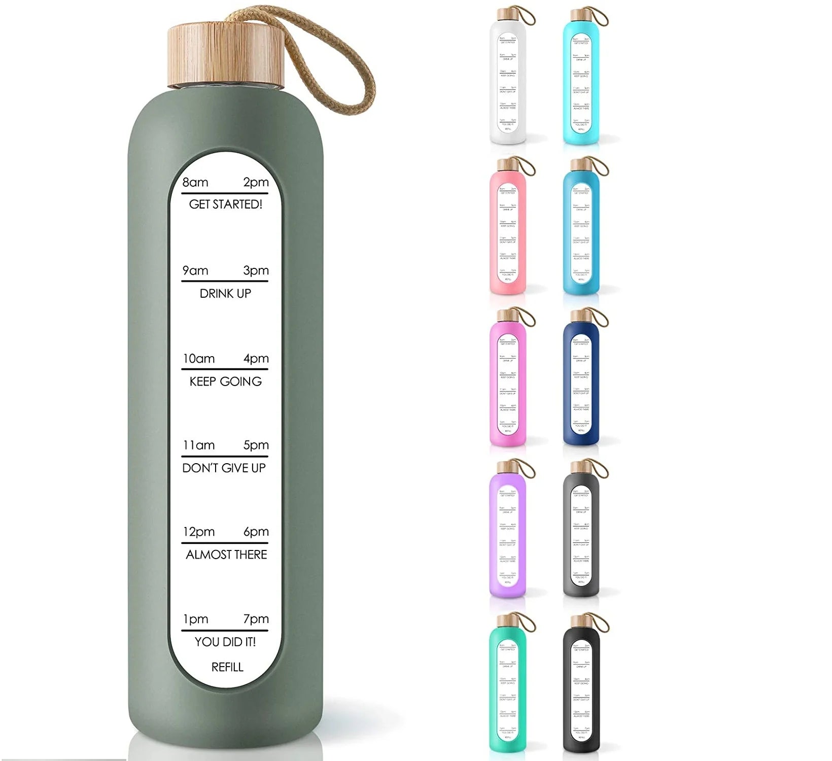 32 oz Insulated Time Marker Reminder Sport Style Customizable Borosilicate Glass Water Bottle With Bamboo Lid Silicone Sleeve