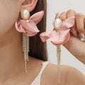 KQ-65 Wholesale Earrings Women Jewelry Crystal Tassel Pearl Pink Fabric Flower Earrings for Girls