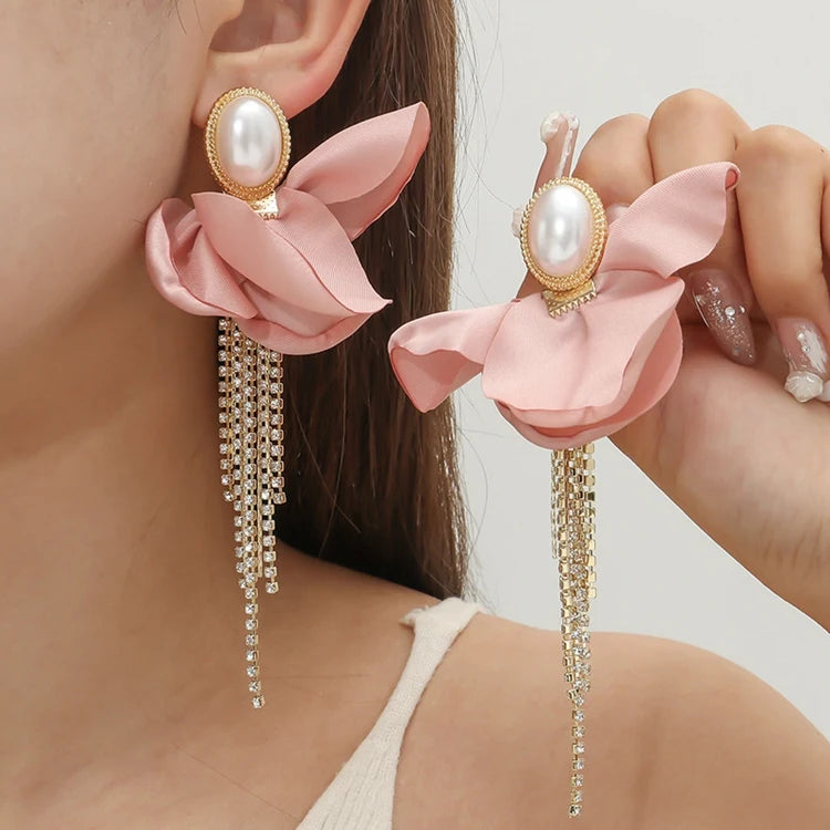 KQ-65 Wholesale Earrings Women Jewelry Crystal Tassel Pearl Pink Fabric Flower Earrings for Girls
