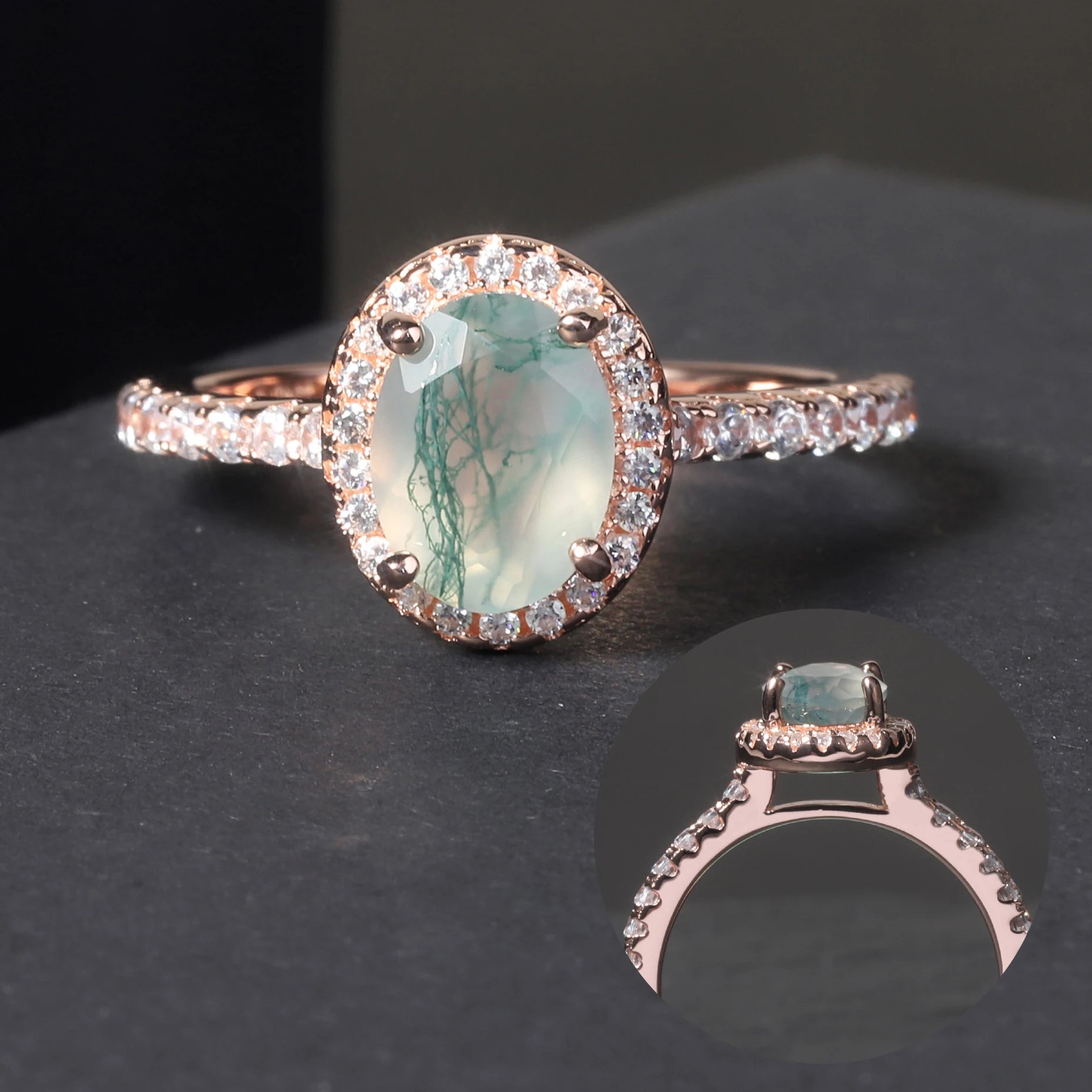 KH082 Abiding Fine Jewelry Custom Halo Engagement Gemstone 925 Sterling Silver Oval 6x8mm Moss Agate Ring